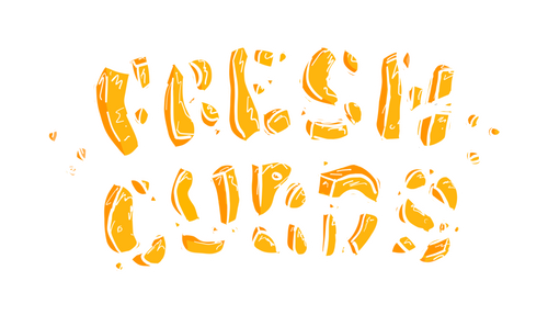 Text 'Fresh Curds' in yellow on a white background